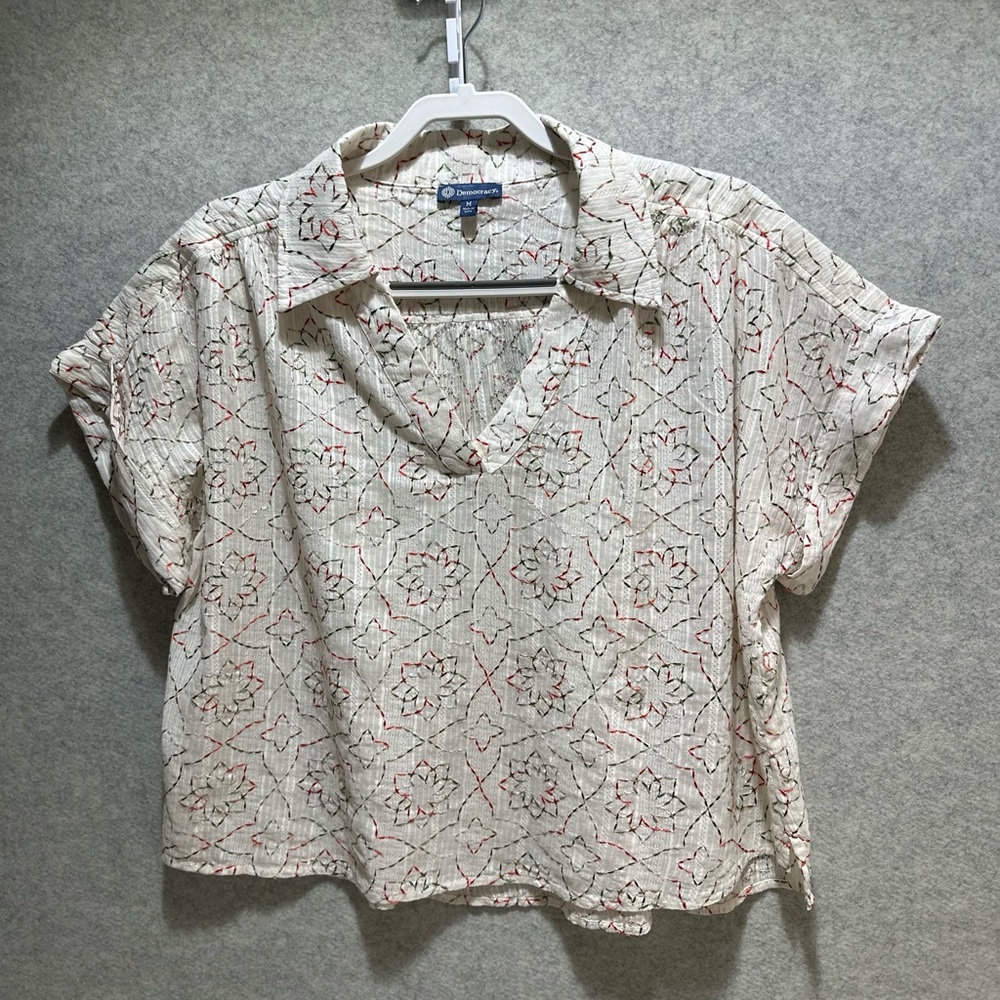 Democracy Cream Short-Sleeve Collared V-Neck Blouse, with Embroidered Print